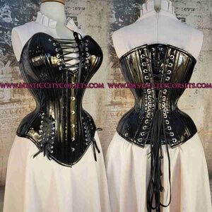 Mystic City Corset - Black PVC Plunge Corset with hip ties - size 22 inches